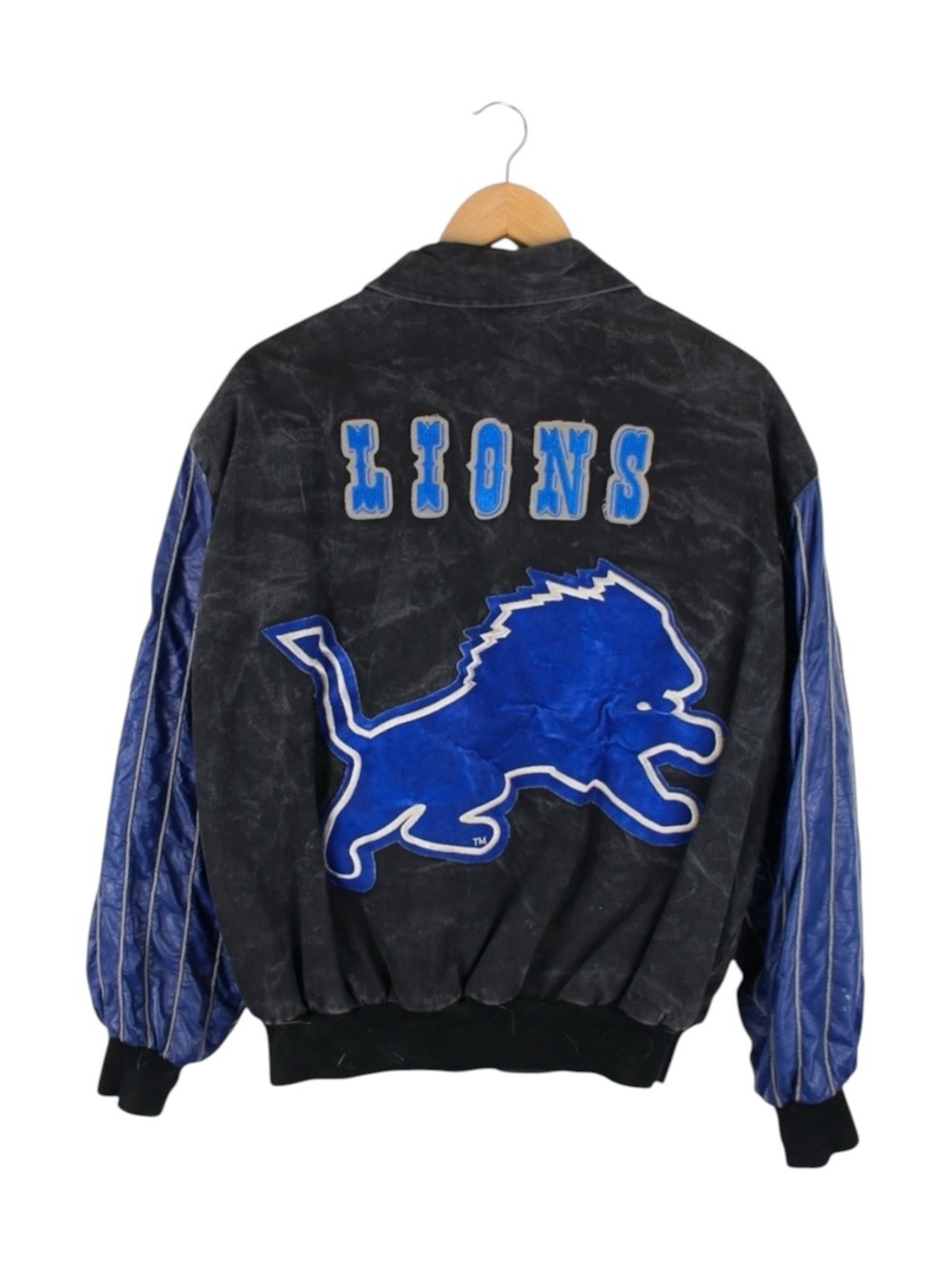 Rare Vintage Detroit Lions JH Design Varsity Jacket Black‎ Blue Suede Leather L